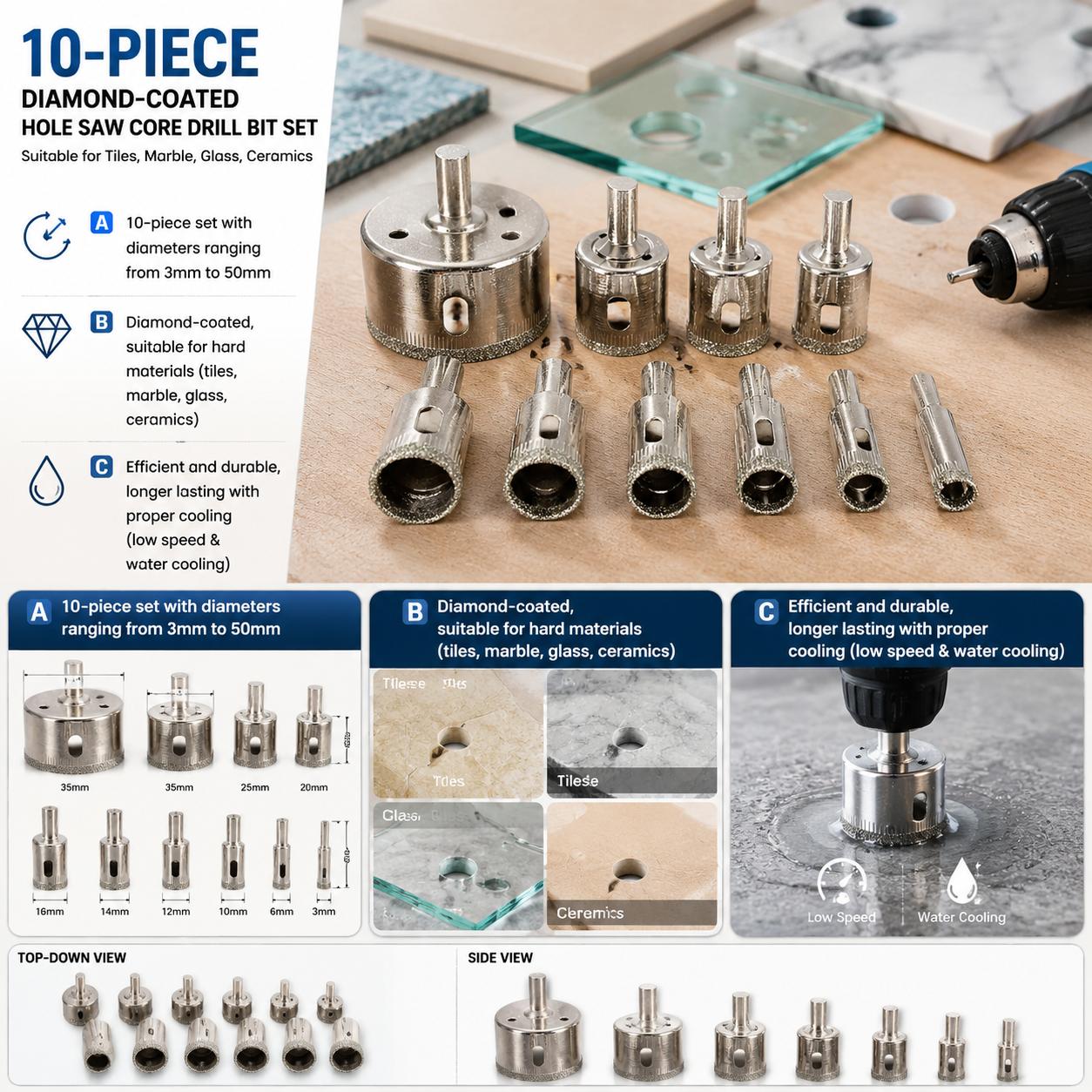 Home Improvement Retail - ダイヤモンドコーティングドリルビットセット 10個入り プレミアムホールソーコアドリルビットキット セラミックタイル、ガラス、磁器、大理石、花崗岩、クォーツ用 滑らかな切断を実現する高性能電動工具アクセサリー 専門家、DIY愛好家、ホームセンターのプロジェクト向け
