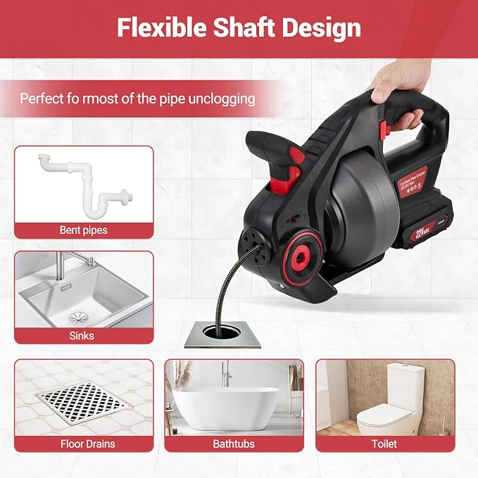 22V電動排水オーガー、効率的な25フィート自動フィード排水 - Plumbing Snake Drain のレビューと価格